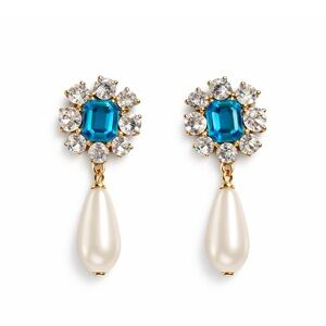 Teal Blue Rhinestone & Pearl Drop Earrings Something Blue Bridal Wedding